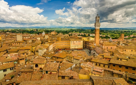 church tower in siena italy - clouds, tower, city, church, plaza