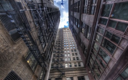 rear alley of skyscrapers - alley, upwards, windows, skyscrapers, city