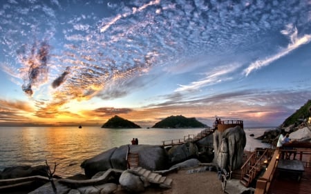 superb sunset on island shore - clouds, stairs, shore, sunset, boardwalks, island, sea