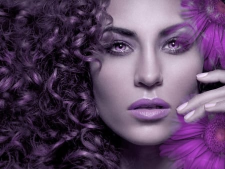 VIOLET - face, model, flowers, violet, lips, female, hair, eyes