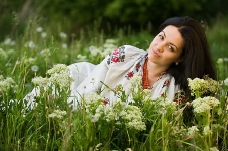 On the lawn - woman, beauty, green, grass