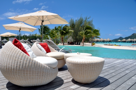 Paradise Pool - beach, islands, swimming, paradise, tropical, loungers, exotic, polynesia, bora bora, blue, lagoon, island, pool, sea, tahiti