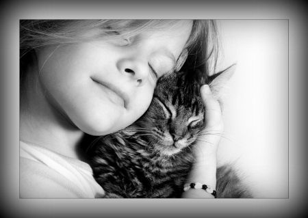 Sweet girl and cat - friends, cute, girl, cat