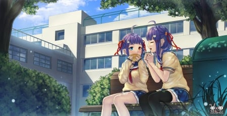 Yummy Food - pretty, anime, kawaii, delicious, female, food, long hair, home, eat, bench, yummy, nice, purple hair, house, anime girl, girl, lovely, sweet, eating, cute, building