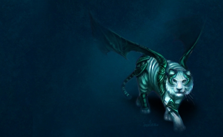 Fantasy tiger - white, blue, wings, green, animal, tiger, fantasy