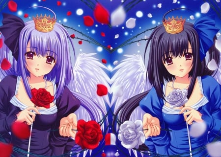 Roses - pretty, roses, anime, tiara, female, wing, maiden, crown, angel, long hair, petal, princess, nice, anime girl, royalty, beautiful, hot, girl, feather, beauty, lovely, sweet, flower, double, lady, wings, rose, cute, floral, sexy