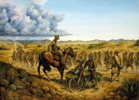 War painting - cloud, horse, animal, soldier, war, yellow, blue, art, sky, people, painting, motorcycle