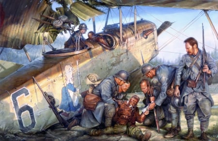 War painting - airplane, soldier, white, people, blue, painting, war, art