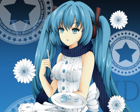 Ice Cube - female, hot, twintail, anime girl, cube, petals, anime, blouse, miku, twin tail, cute, ice, hatsune miku, sexy, girl, twintails, long hair, gown, hatsune, vocaloids, blue hair, star, sungress, floral, twin tails, vocaloid, blossom, plate, dress, flower