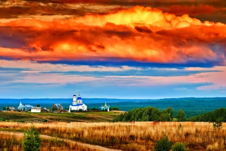 Church - red, sky, photo, russia, church, sun, blue