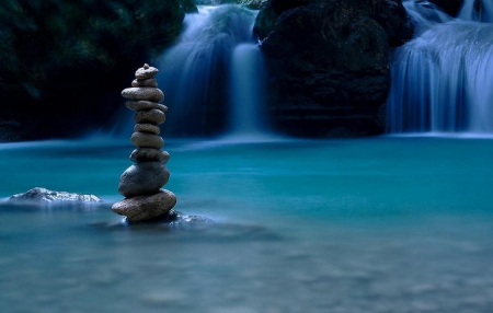 Balance of Nature - river, blue, balance, stones, waterfall, zen