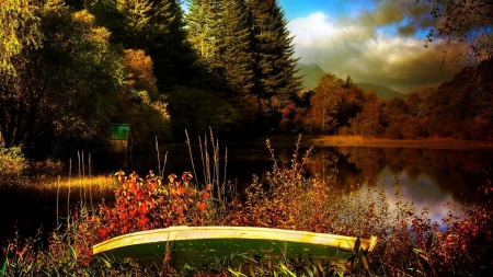 Boat at the Lake - forest, clouds, trees, colors, autumn