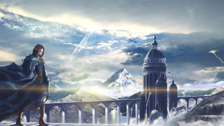 original - sky, landscape, man, clouds, castle, snow, anime, original