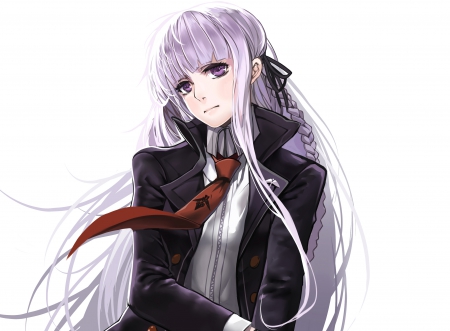 Kirigiri Kyouko - tie, anime, female, white background, girl, long hair, simple background, purple eyes, solo, manga, braid, ribbon, purple hair