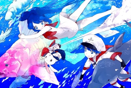 ocean - ocean, girl, boy, anime, dolphins, friends