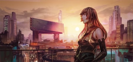 in the city - women, anime, sundown, girl, city, sky