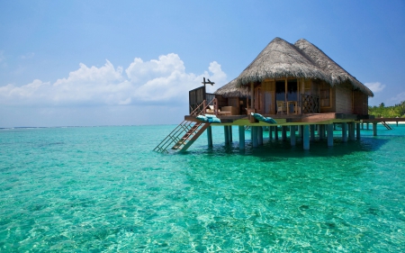 wonderful tropical bungalow - stilts, clouds, clear, sea, bungalow