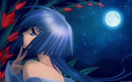 beauty and moon - flowers, moon, anime, girl, star sky