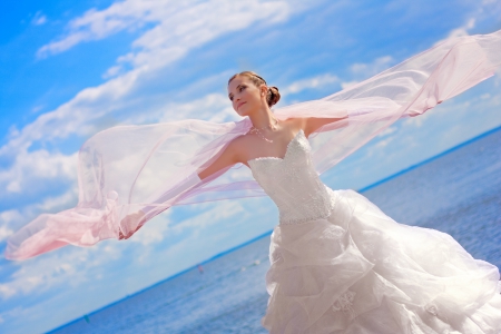 Beautiful Bride - breeze, veil, bride, beautiful, photography, wedding, sea, beauty, lace, ocean, sky, softness