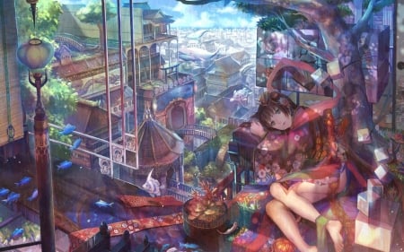 colorful city - colorful city, landscape, girl, anime, city, tree