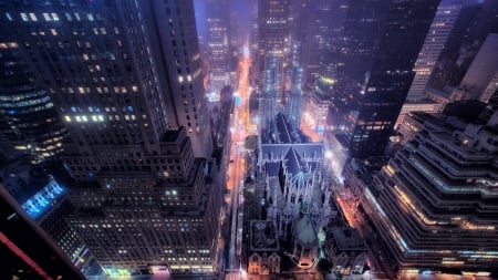 st. patricks cathedral among the skycrapers in nyc - streets, lights, skyscrapers, cathedral, city, night