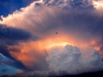 silhouette of a plane on a mighty cloud