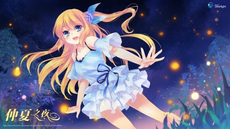 cute girl - anime, night, fireflies, cute girl