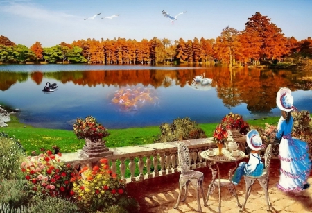 Enjoying the view - woman, sky, autumn, trees, water, colorful, enjoy, mirrored, view, art, reflection, river, birds, swans, lake, girl, landscape, waiting, shore, nature, flowers, sea