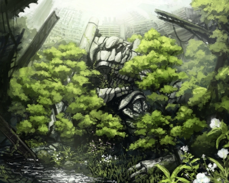 original - flowers, anime, water, original, mecha, landscape, scenic, ruins