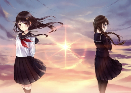 Kazuharu Kina - girls, kazuharu kina, skirt, school outfits, sun, long hair, black hair, cant think of a fourth