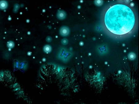 MOONLIGHT BUTTERFLIES - fullmoon, digital, butterflies, grass, art