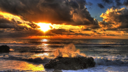 unbelievable sunset - beach, clouds, sunset, sea, waves, rocks