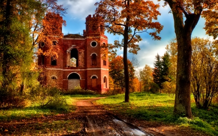 Castle - photo, red, castle, trees