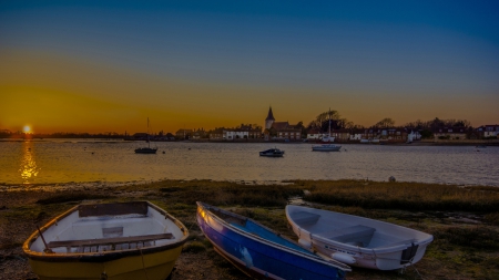 sunset over a coastal village - boats, shore, sunset, vollage, bay