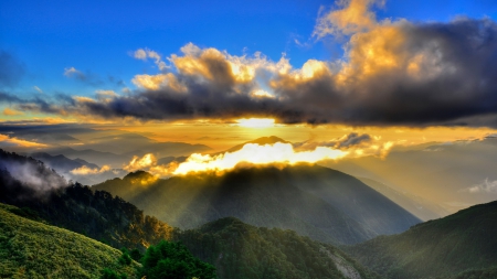 gorgeous sunbeams over the mountains - sunbeams, forest, clouds, sunset, mountains