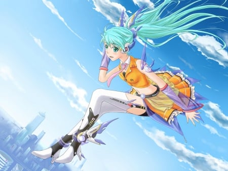 ~Cloudchaser~ - navel, headphones, flying, green eyes, vocaloid, anime, sky, long hair, clouds, skirt, city, ponytails, hatsune miku, blue hair