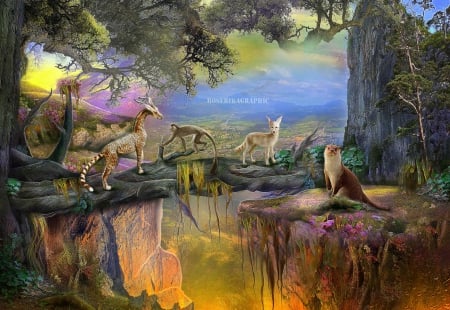 Jungle Paradise - trees, trees top, creative pre-made, digital art, photomanipulation, monkey, flowers, modified animals, forests, nature, jungle, landscapes, paradise, criff rocks, animals