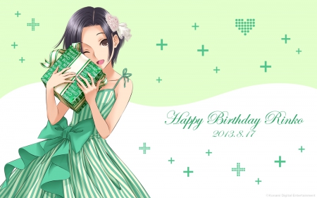 Happy Birthday Rinko!! - pretty, brown eyes, anime, present, wink, Rinko Kobayakawa, short hair, green dress, black hair, LovePlus, bow, ribbons