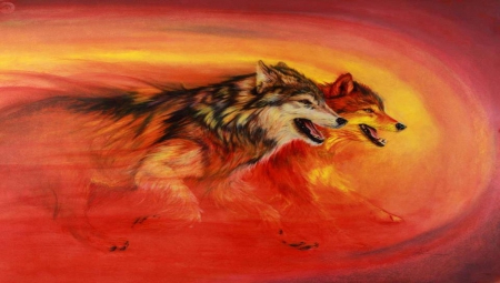 ice and flame - colours, painting, wolf, wolves