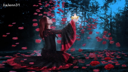 Raining Petals - lady, roses, petals, red, fantasy