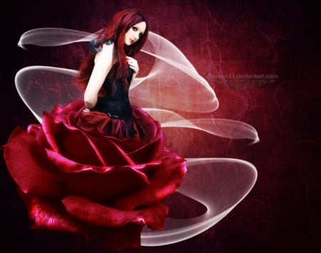 Red Rose Girl - red, girl, fantasy, rose