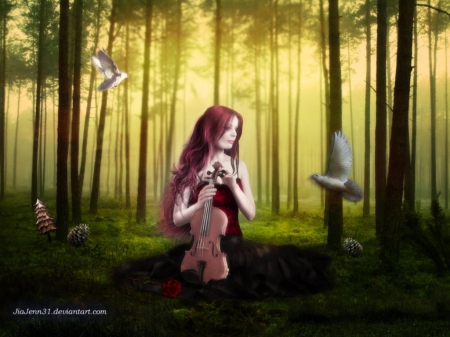 The Violinist - fantasy, birds, forest, lady