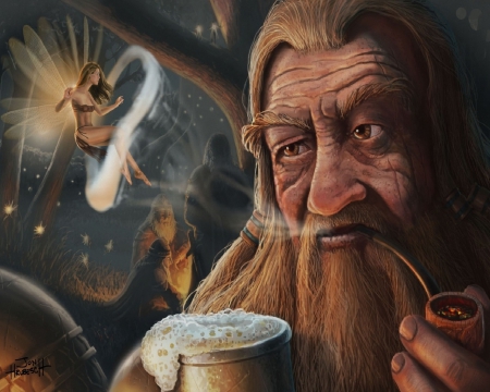 Fairies And Dwarfs - mystic, pipe, smoke ring, magic, camp, men, faries, fairytale, woods, splendor, dwarfs