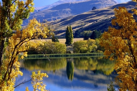 Lake Hayes, New Zealand - autumn, mountain, trees, landscape, water, mountains, serenity, reflection, tranquil, mirror, leaves, colors