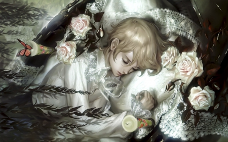 Peaceful Sleep - wallpaper, digital, beautiful, anime, girl, art, serene, fine, roses, fantasy, woman