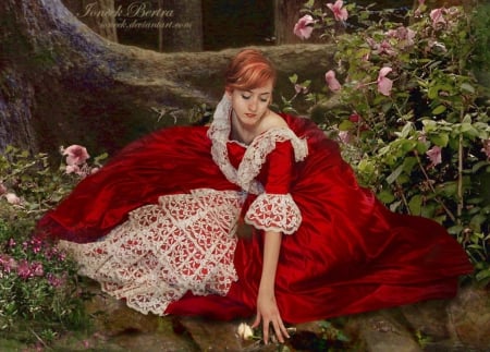 Lady in Red - gown, red, wallpaper, digital, beauty, girl, art, fantasy, costume, photography, woman