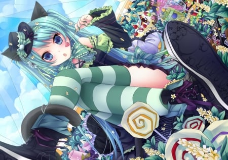 Vocaloid - beauty, sky, hat, girl, lollipops, lovely, pretty, clouds, blue, beautiful, anime, sweet, flowers, sock, candies, cute