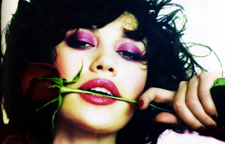 Olga Kurylenko - girl, flower, pink, actress, make-up, white, red, green, woman, model, rose, brunette, olga kurylenko