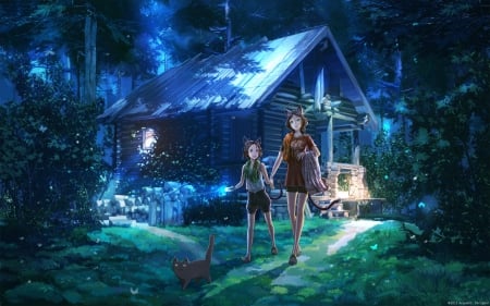 sisters - girls, cottage, night, original, moon lights, cat girls, forest, cats, anime, sisters, cute, lights