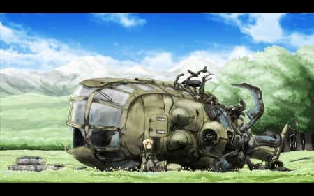 the end - sky, girl, landscape, meadow, original, forest, clouds, helicopter, anime